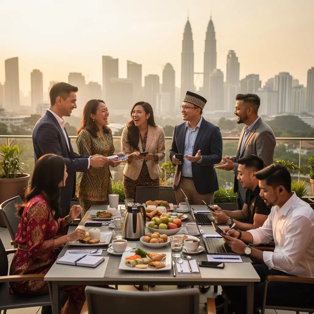 A group of diverse professionals networking at a conference, exchanging ideas and business cards.