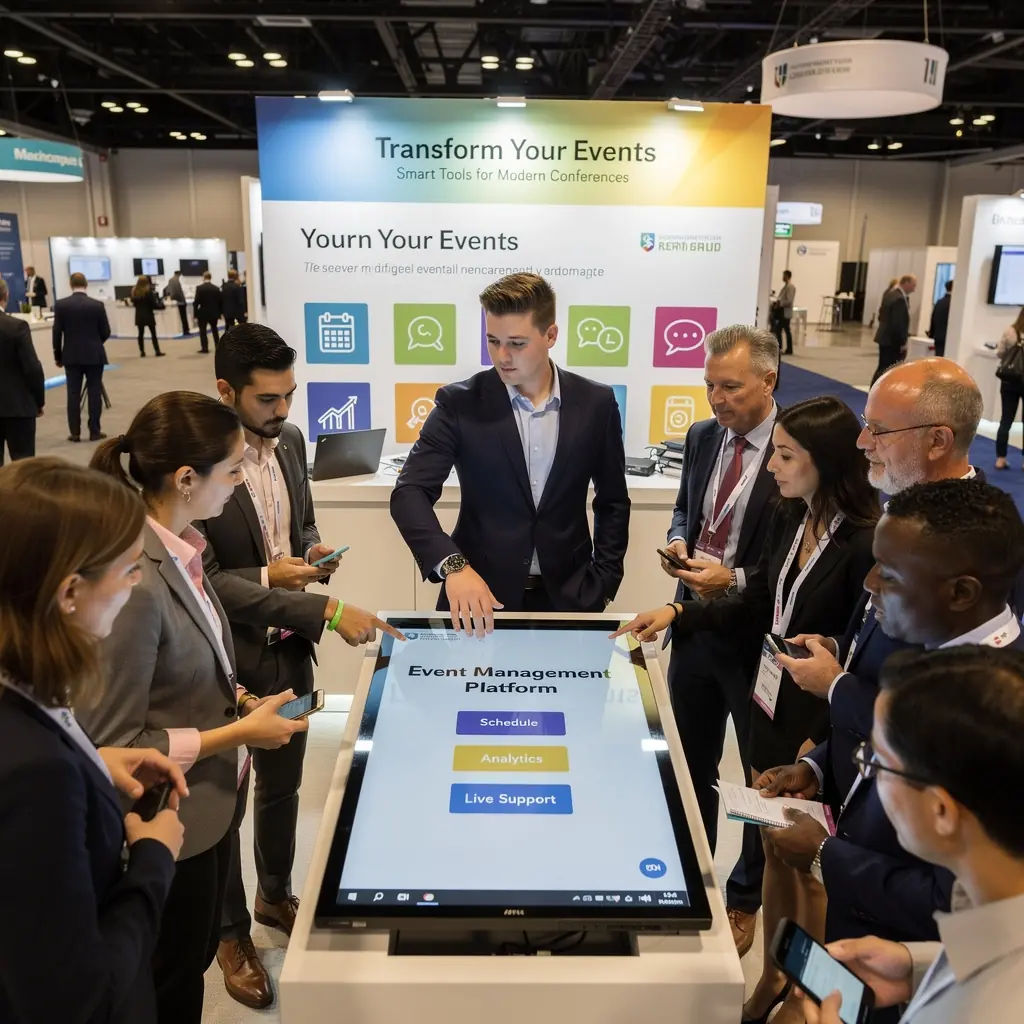 A vibrant trade show booth showcasing innovative marketing materials and engaging visuals.