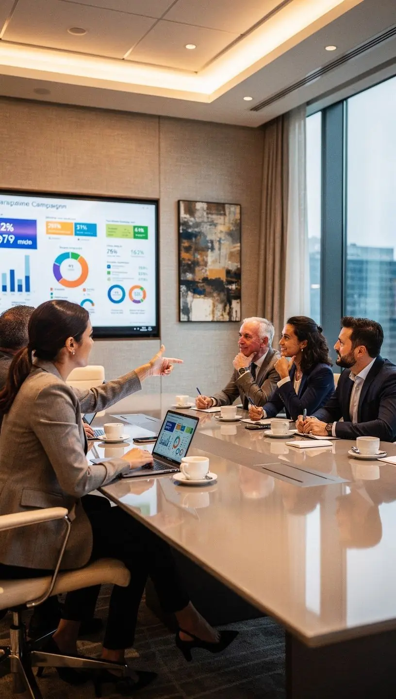 A vibrant trade show booth showcasing innovative marketing solutions with attendees engaging in discussions.
