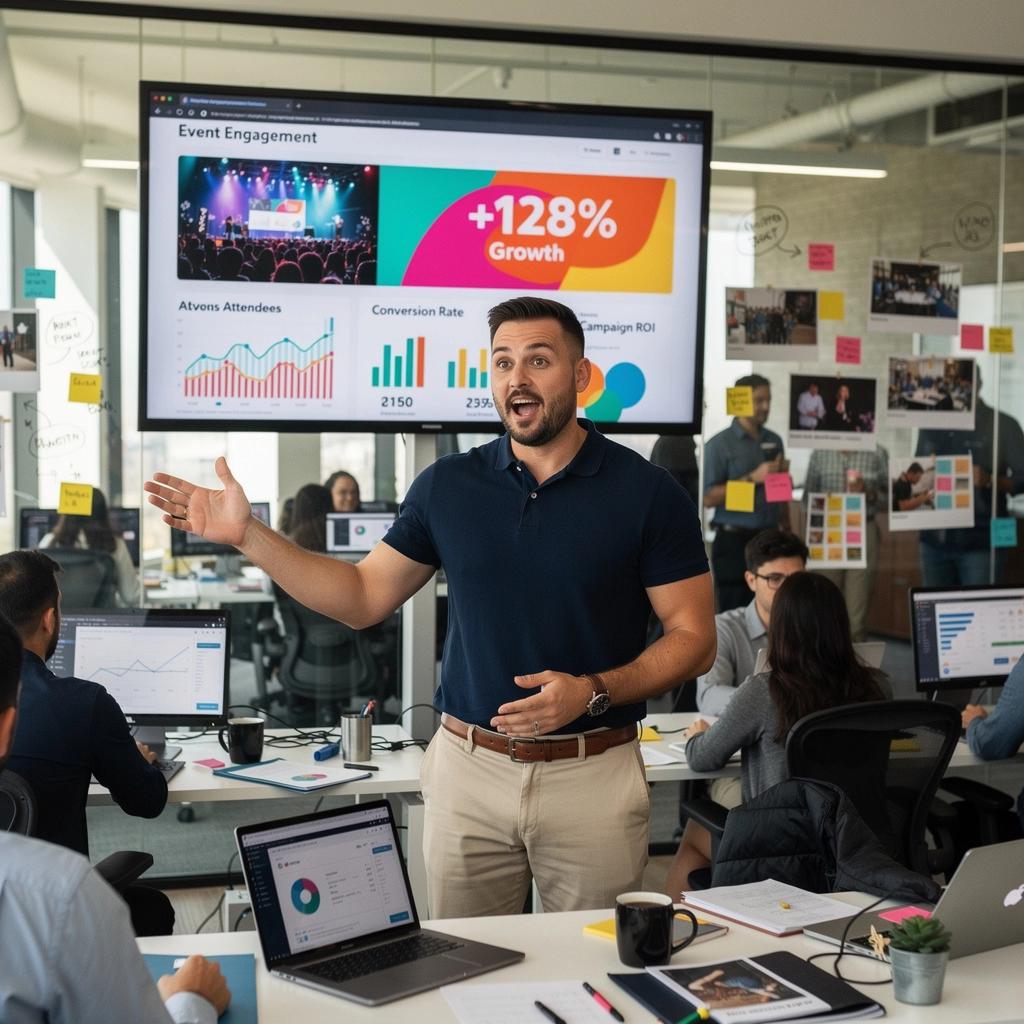 A group of attendees networking and exchanging business cards at a lively industry event.